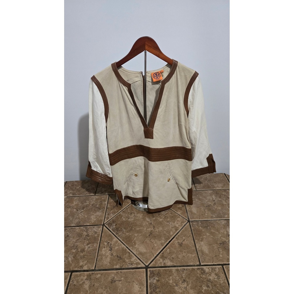 Tory Burch Perforated Leather Trim Tunic Top Cream Brown V-Neck Size M